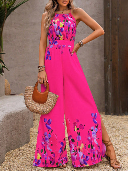 LLstyle Style Floral Print Halter Wide-Leg Loose Jumpsuit