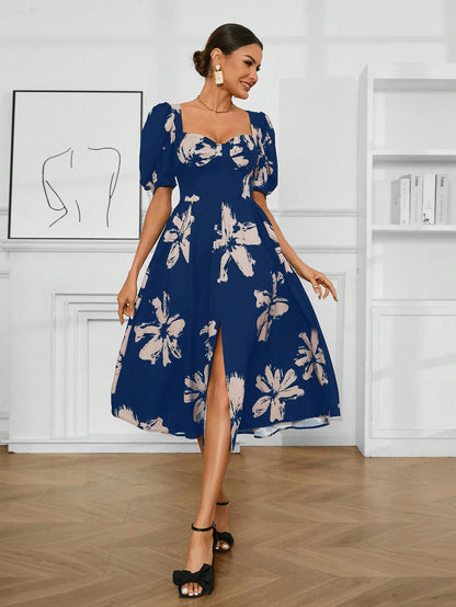 LLstyle Short Sleeve Sweetheart Neck Thigh-Split Dress