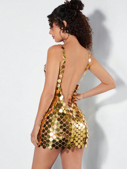 LLstyle Lady's Metallic Sense Backless Spaghetti Strap Dress