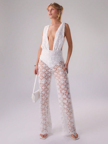 LLstyle Sheer Floral Low Cut Jumpsuit