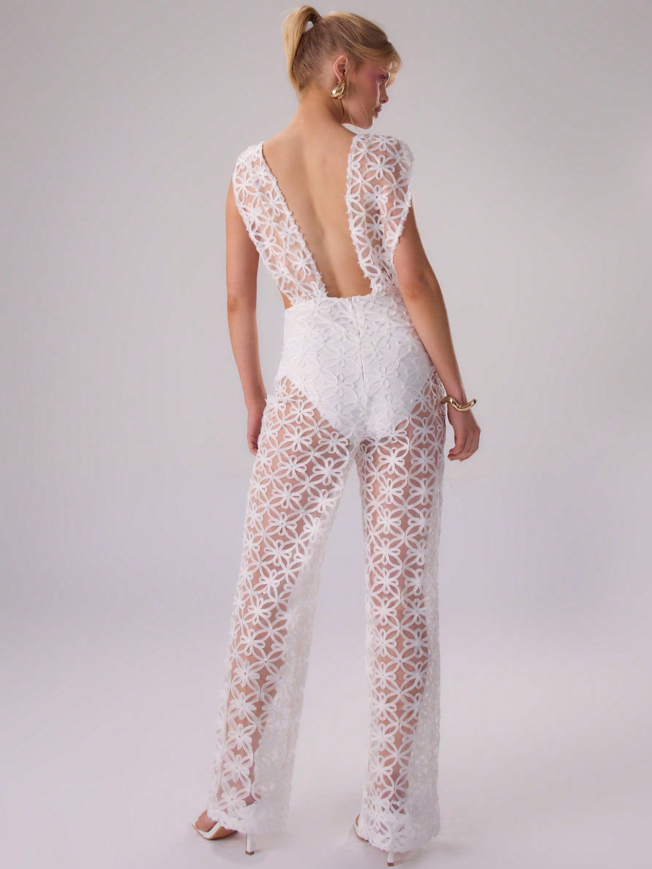 LLstyle Sheer Floral Low Cut Jumpsuit