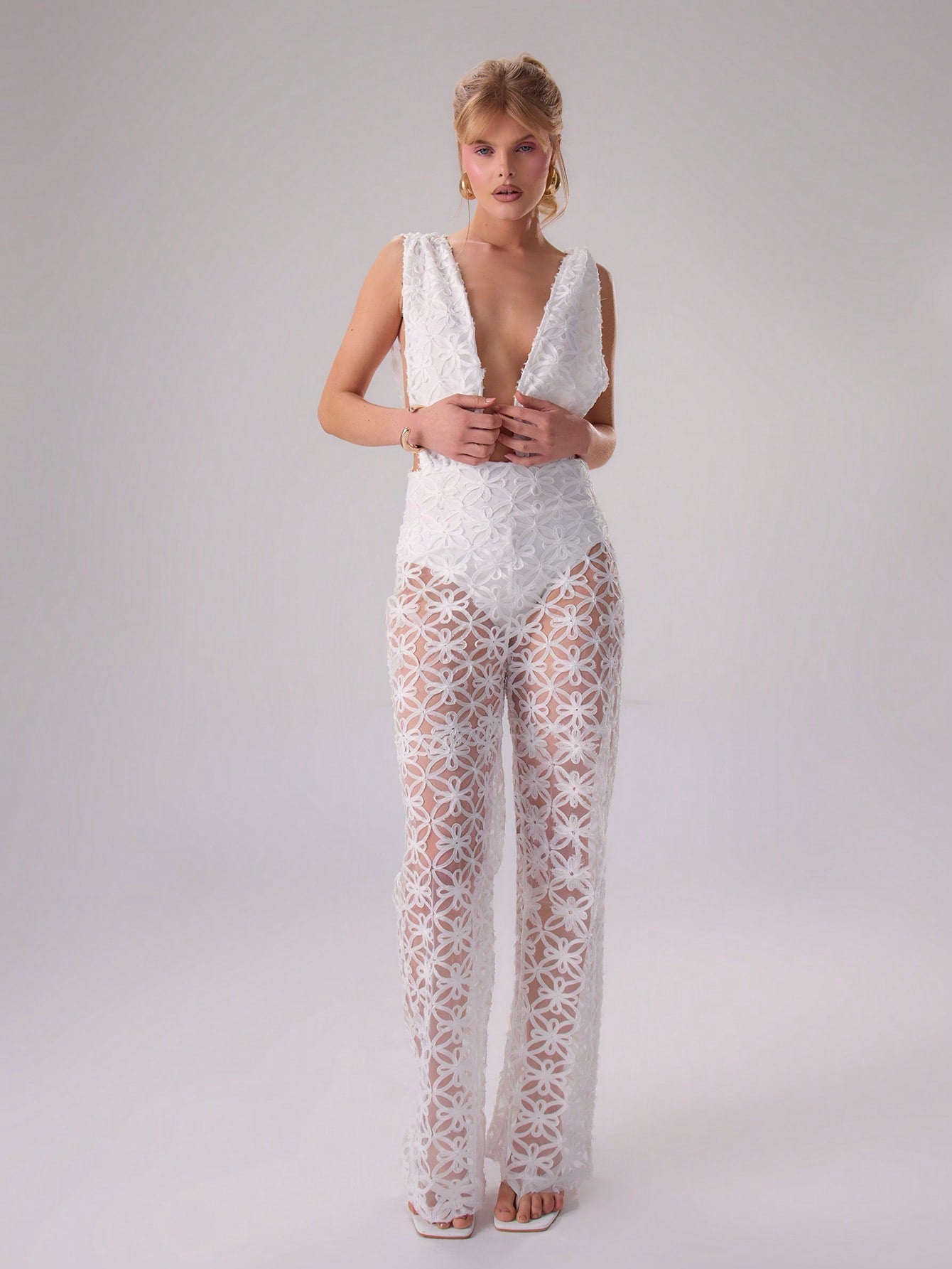 LLstyle Sheer Floral Low Cut Jumpsuit