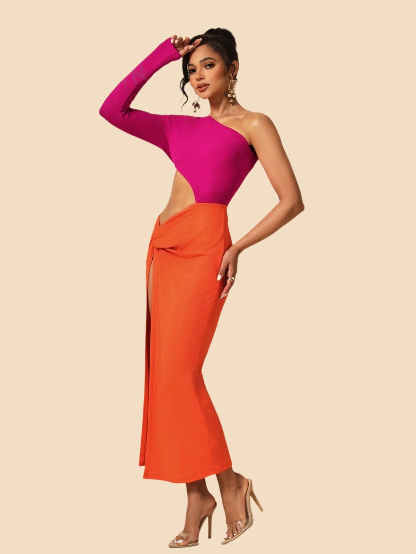 LLstyle Shoulder Hollow Out Twist Knot High Slit Dress