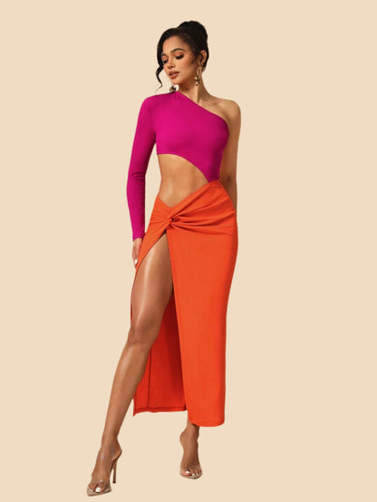 LLstyle Shoulder Hollow Out Twist Knot High Slit Dress