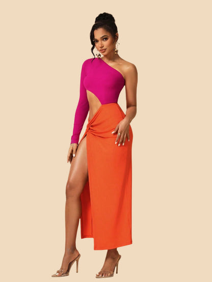 LLstyle Shoulder Hollow Out Twist Knot High Slit Dress