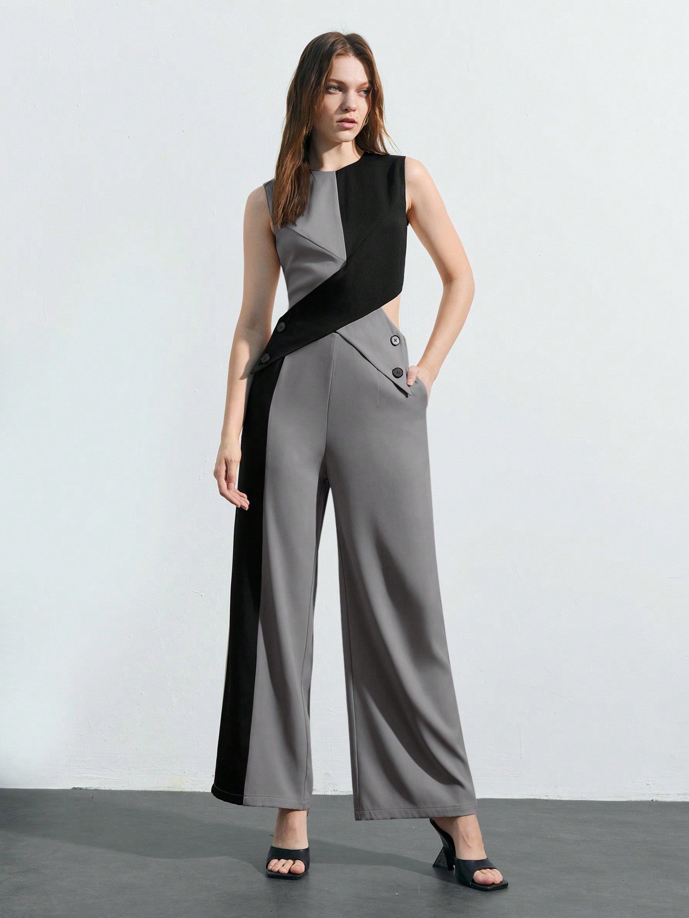 LLstyle Round Neck Tank Top And Straight Leg Pants With Oblique Pockets