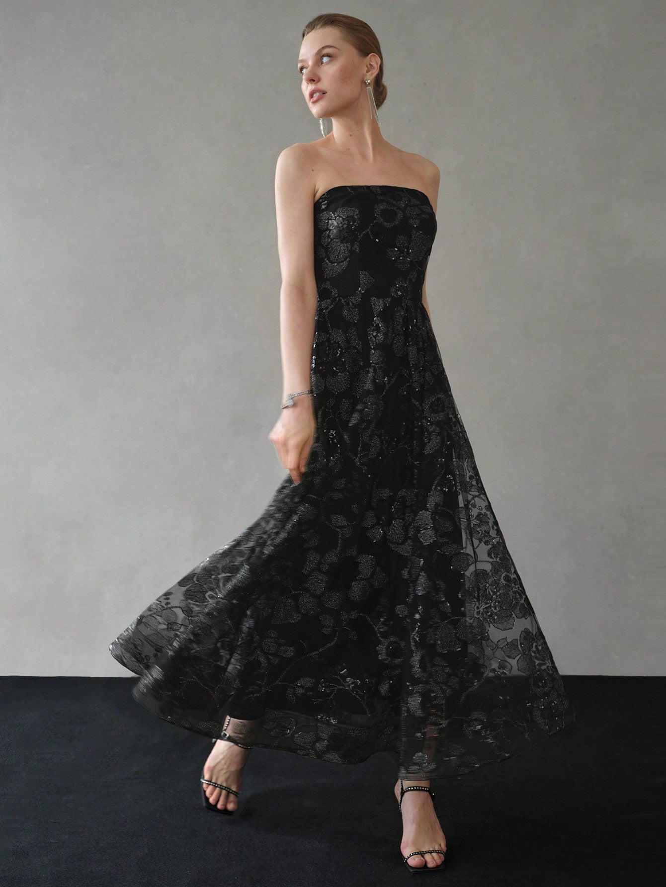 LLstyle Sequins mesh Floral Pattern Overlay Long Dress