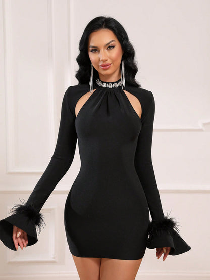 LLstyle Women Round Neck Feather Trumpet Sleeves Bodycon Dress