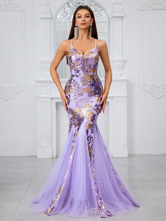Evening Dress With Sequin Detailing and Floral Applique
