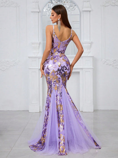 Evening Dress With Sequin Detailing and Floral Applique