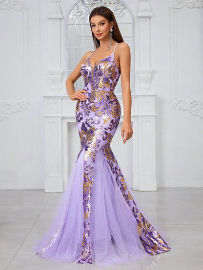 Evening Dress With Sequin Detailing and Floral Applique