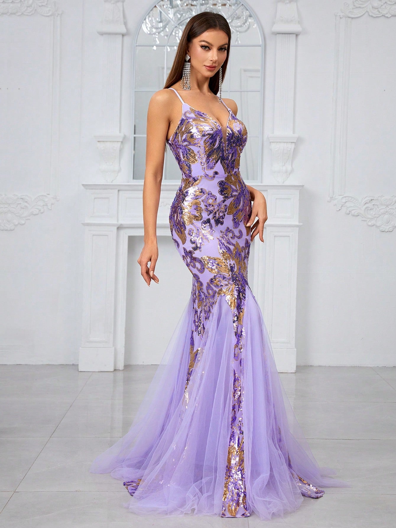 Evening Dress With Sequin Detailing and Floral Applique