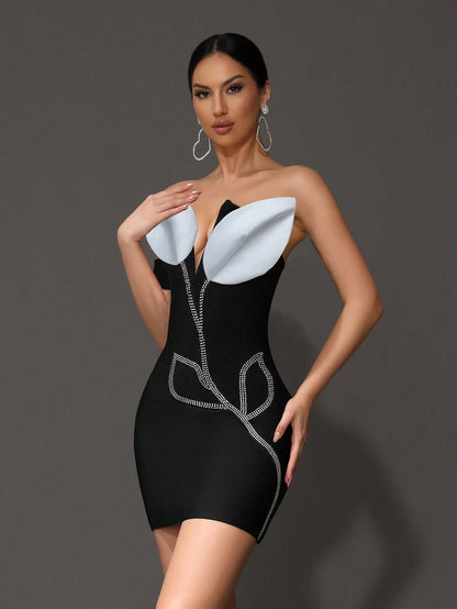 LLstyle Sexy Floral Strapless One-Shoulder Bandage Mini Dress