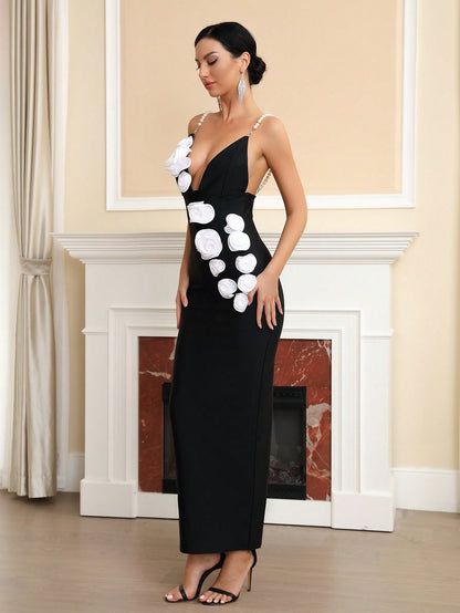 LLstyle Backless Fashion 3D Flower Floor-Length Party Dress