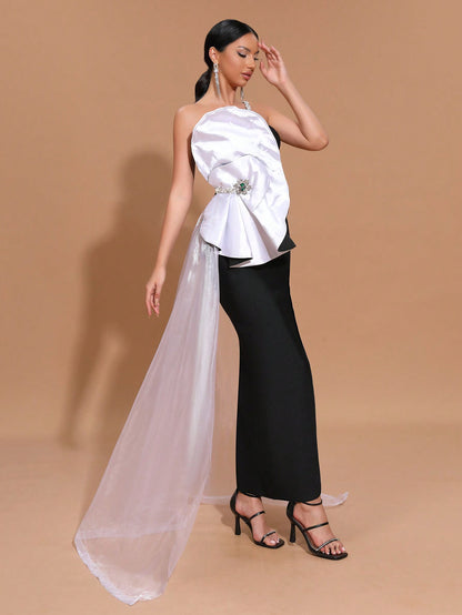 LLstyle Black And White Stitching Long Cascade Belt Formal Dress