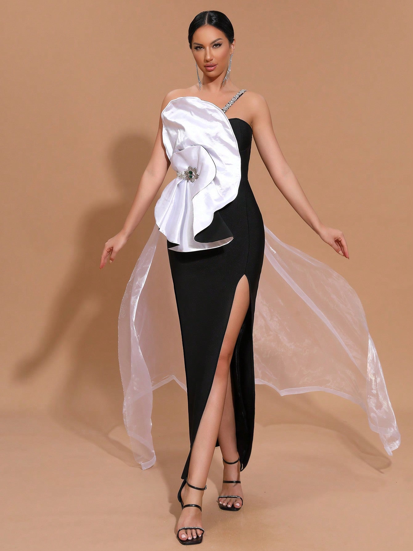 LLstyle Black And White Stitching Long Cascade Belt Formal Dress