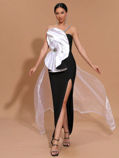 LLstyle Black And White Stitching Long Cascade Belt Formal Dress