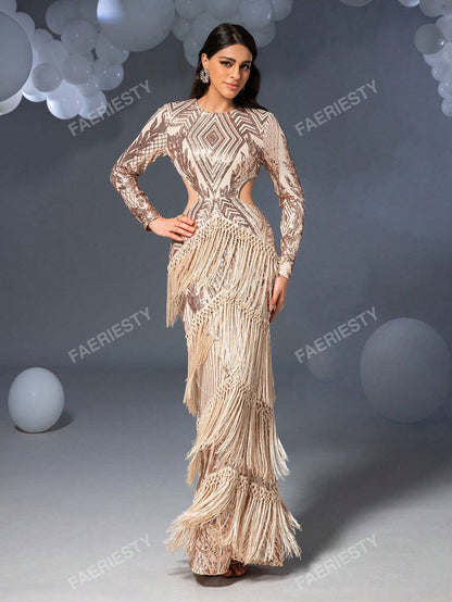 LLstyle Cut Out Waist Fringed Sequin Party Dress