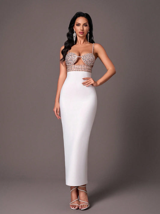 LLstyle Elegant White Against Champagne Color Halter V-Neck Dress