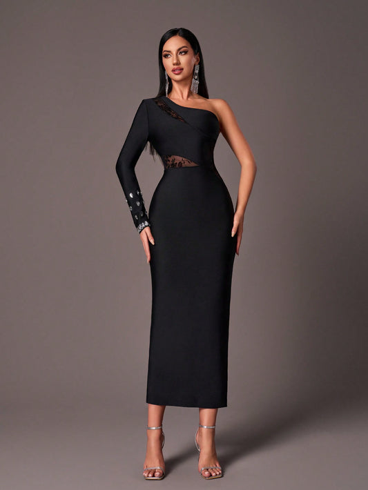 LLstyle Long Sleeve Embellished Waist Mesh & Lace Slit Formal Dress