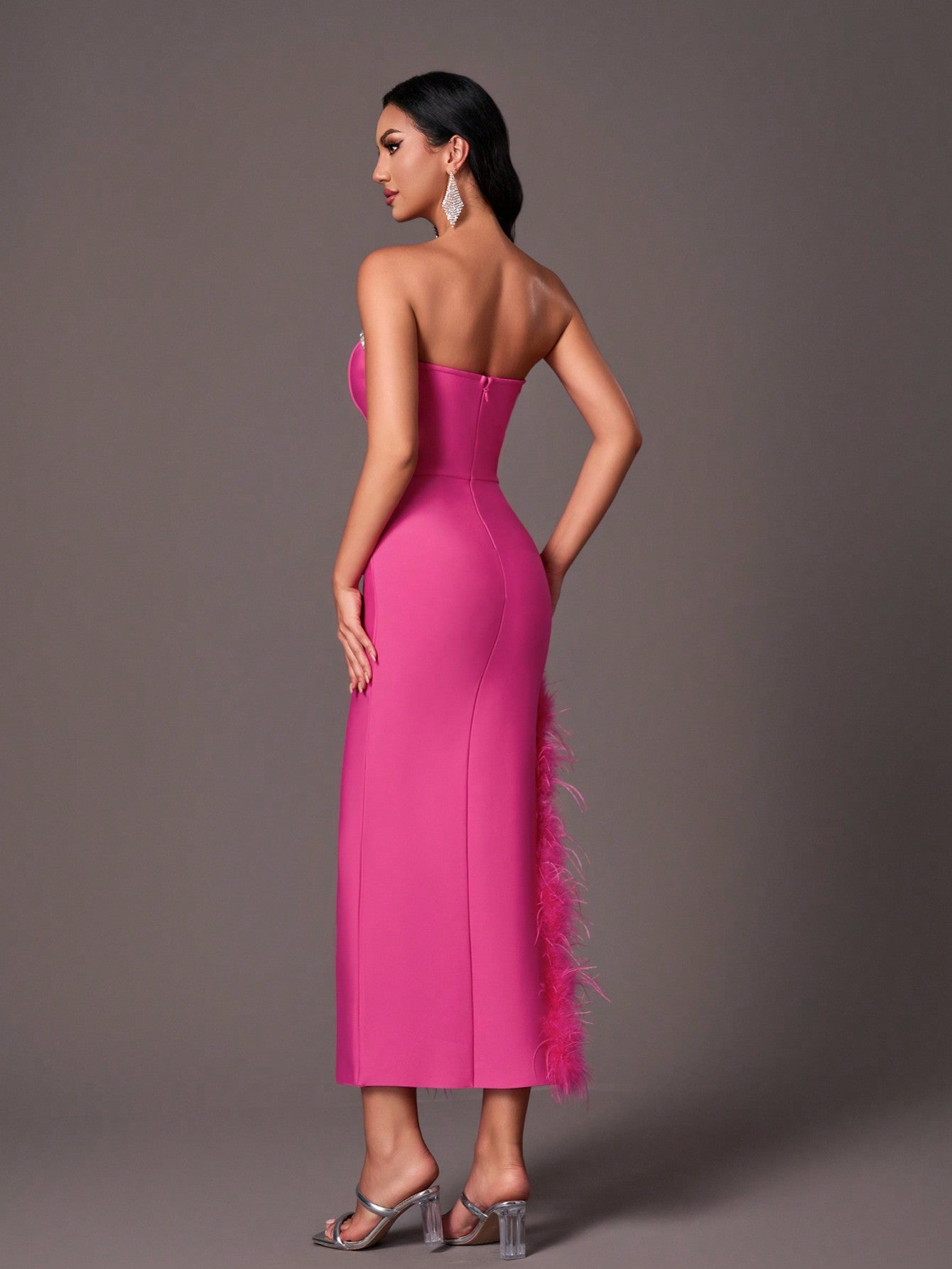 Beautiful elegant pink dress with side slit feather neckline