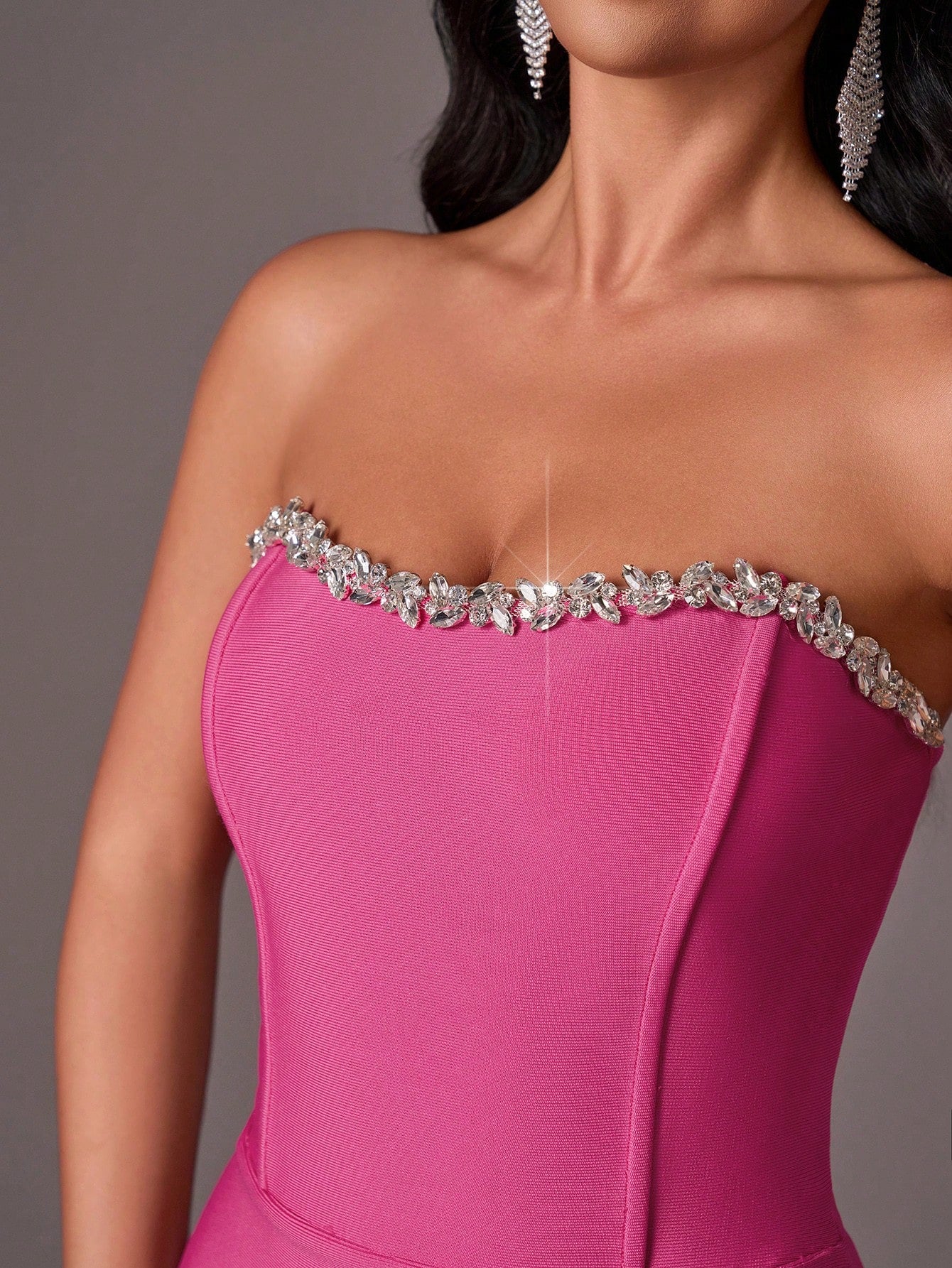 Beautiful elegant pink dress with side slit feather neckline