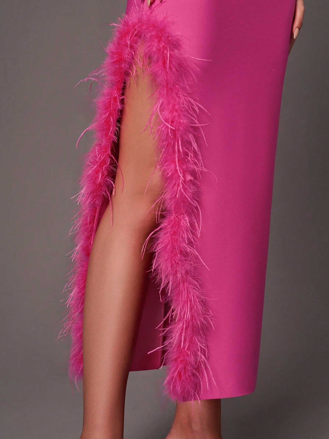 Beautiful elegant pink dress with side slit feather neckline