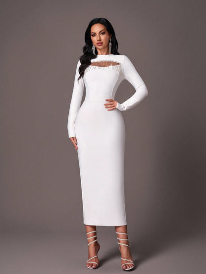 LLstyle Elegant Round Neck Fitted Long Sleeve Maxi Dress