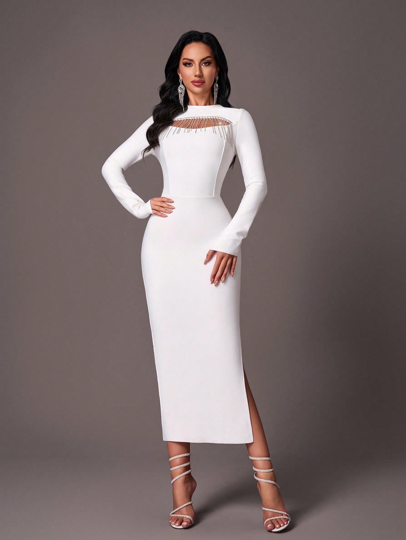 LLstyle Elegant Round Neck Fitted Long Sleeve Maxi Dress