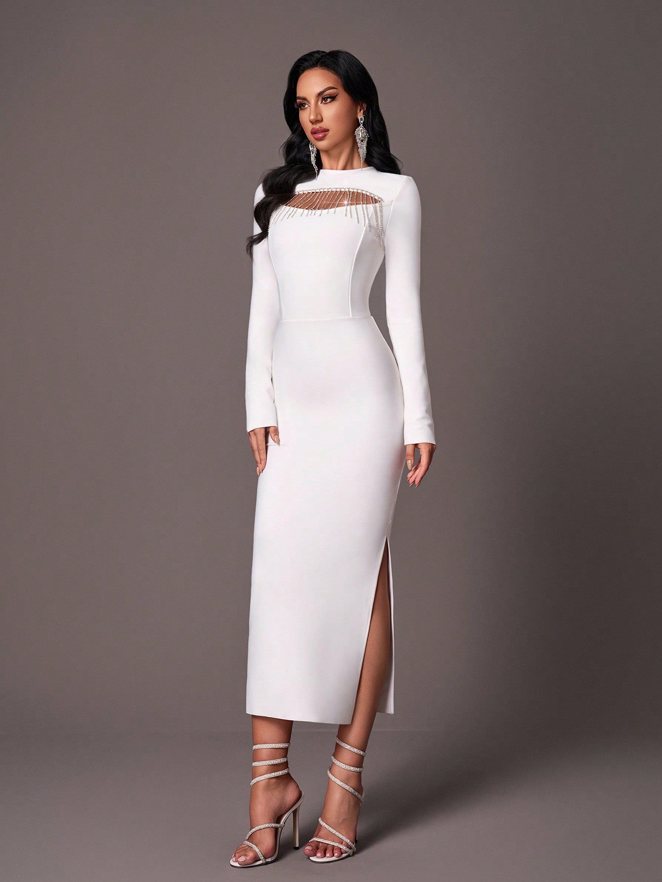 LLstyle Elegant Round Neck Fitted Long Sleeve Maxi Dress