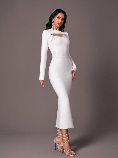 LLstyle Elegant Round Neck Fitted Long Sleeve Maxi Dress