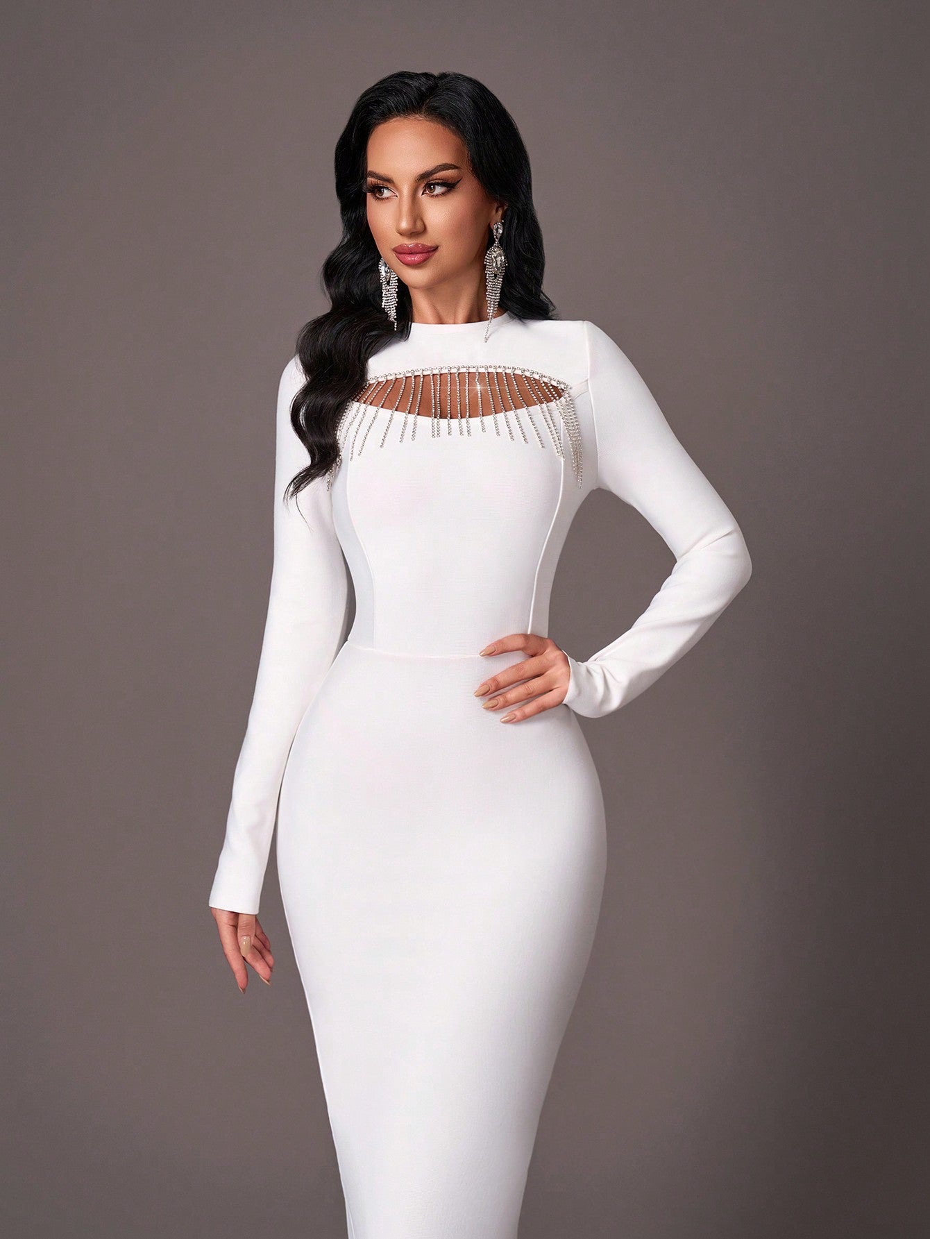 LLstyle Elegant Round Neck Fitted Long Sleeve Maxi Dress