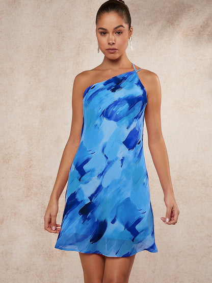 LLstyle Brush Print Draped Open Back Dress