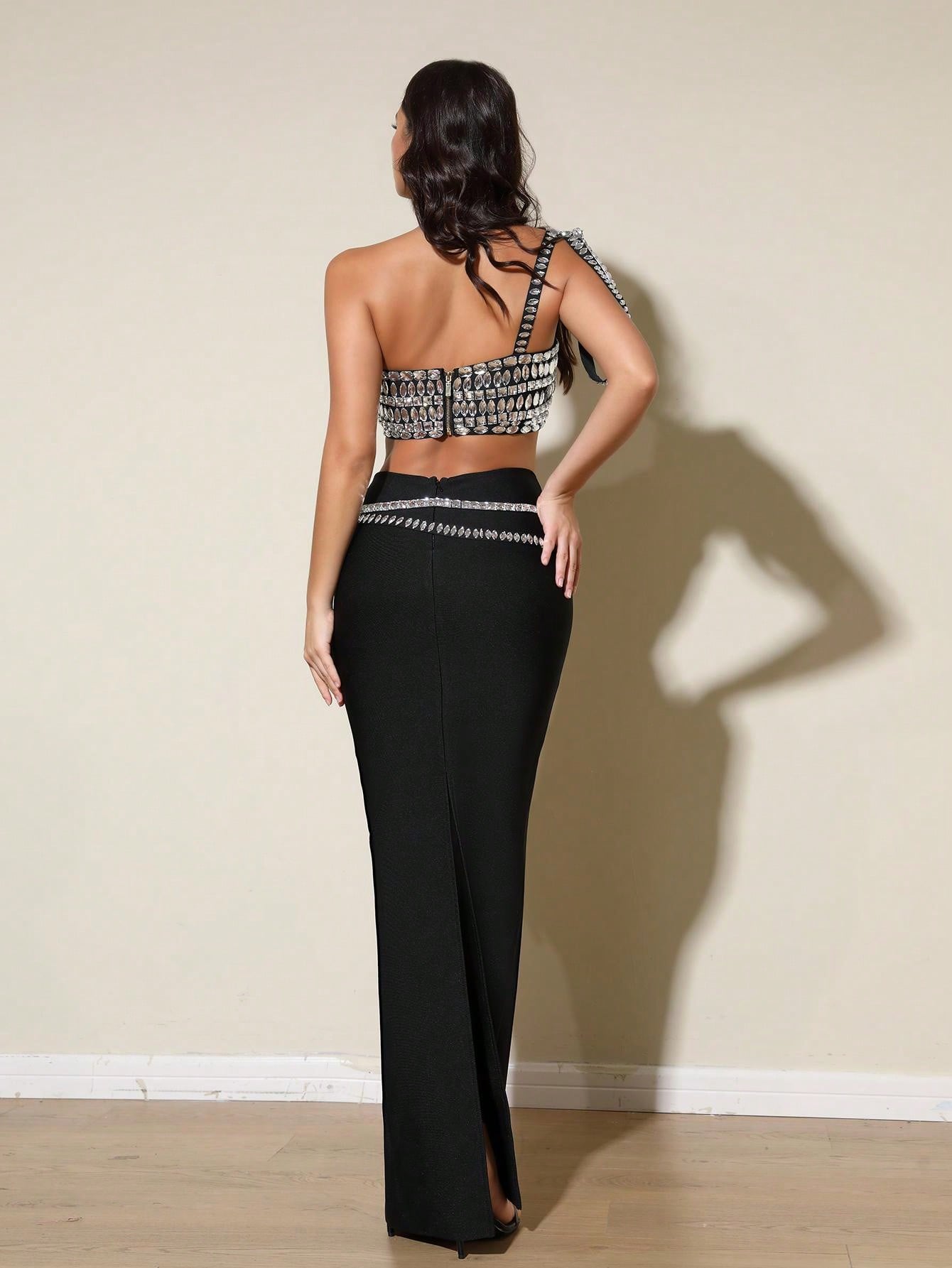 LLstyle One Shoulder Rhinestone Crop Top & Split Back Skirt