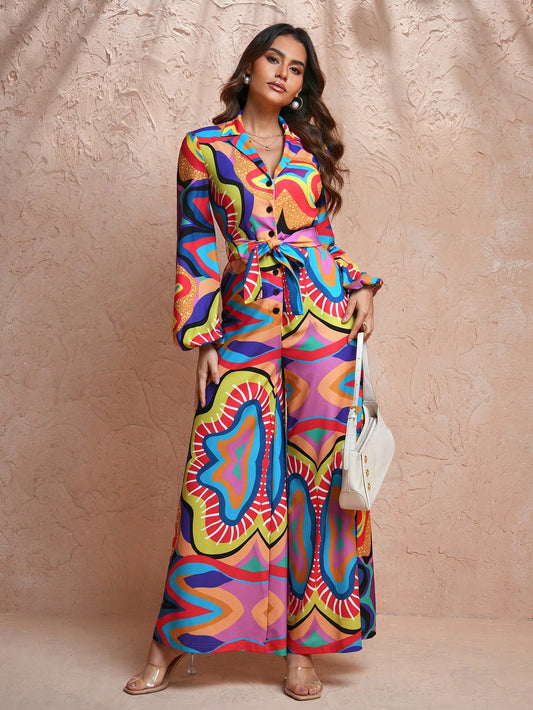 LLstyle All-Over Printed Lantern Sleeve Wide Leg Jumpsuit