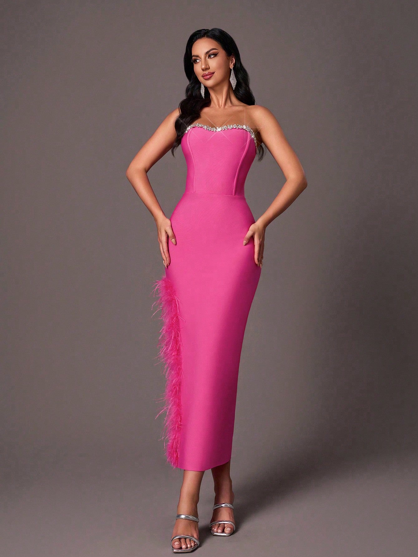 Beautiful elegant pink dress with side slit feather neckline