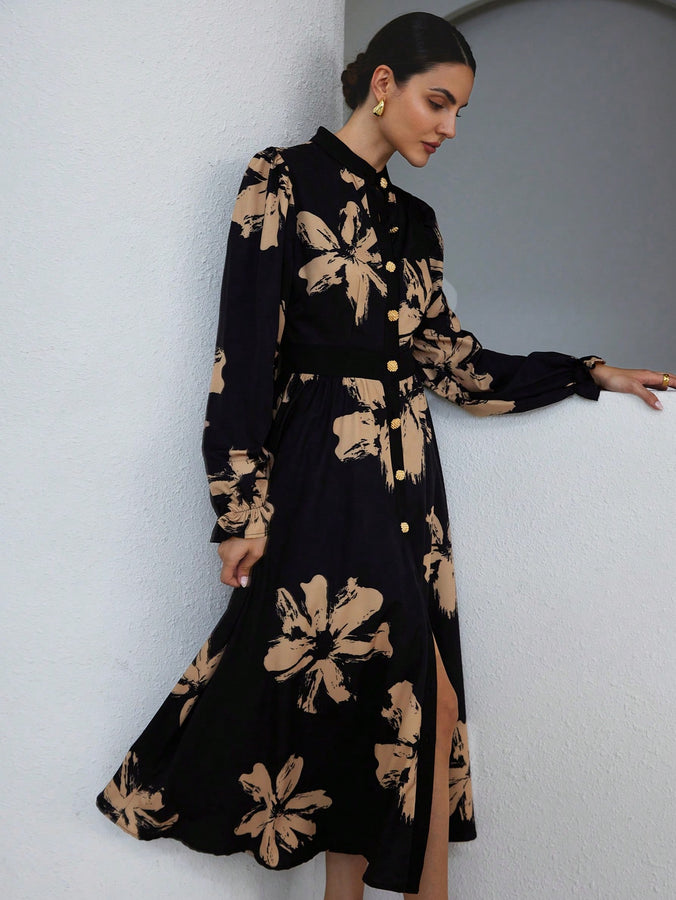 LLstyle Floral Print Stand Collar Cinched Waist Slim Fit Long Sleeve Dress