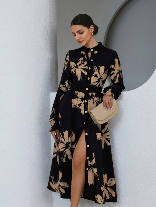 LLstyle Floral Print Stand Collar Cinched Waist Slim Fit Long Sleeve Dress