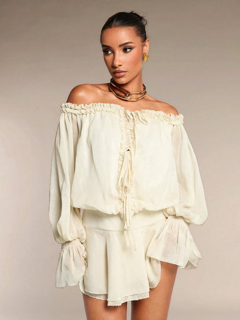 LLstyle Off Shoulder Flare Sleeve Ruffle Hem Dress