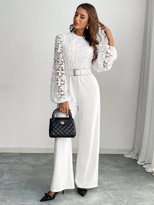 LLstyle Women's White Lace Patchwork Lantern Sleeve Jumpsuit