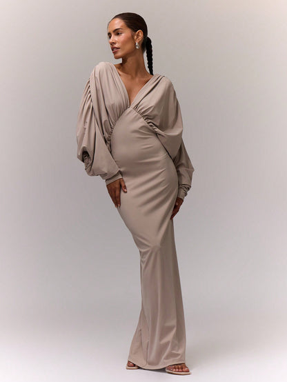 LLstyle Fall Clothes Ruched Long Sleeve V Neck Maxi Dress