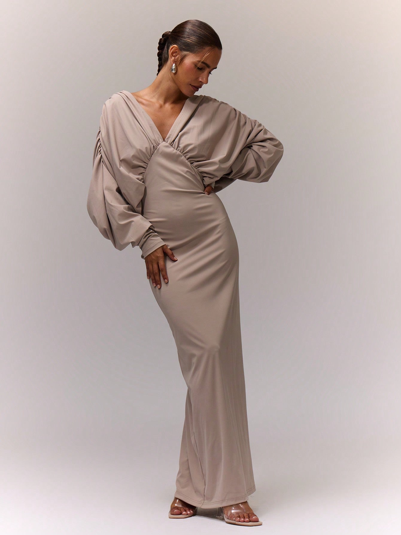 LLstyle Fall Clothes Ruched Long Sleeve V Neck Maxi Dress