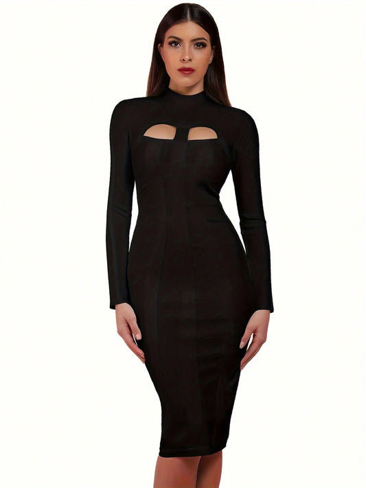 LLstyle  Medium-Length Solid Color Hollow Bandage Dress