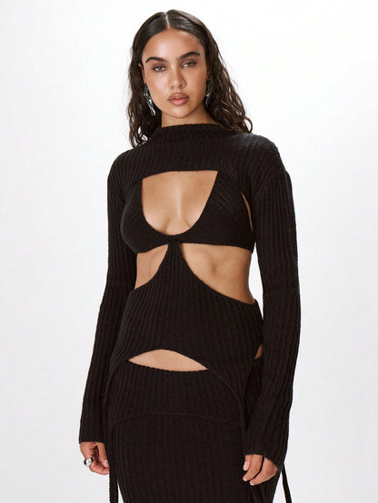 LLstyle Cut Out Knit Draped Long Sleeve Top