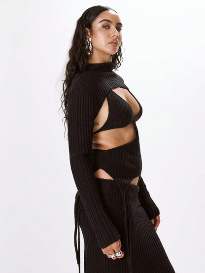 LLstyle Cut Out Knit Draped Long Sleeve Top