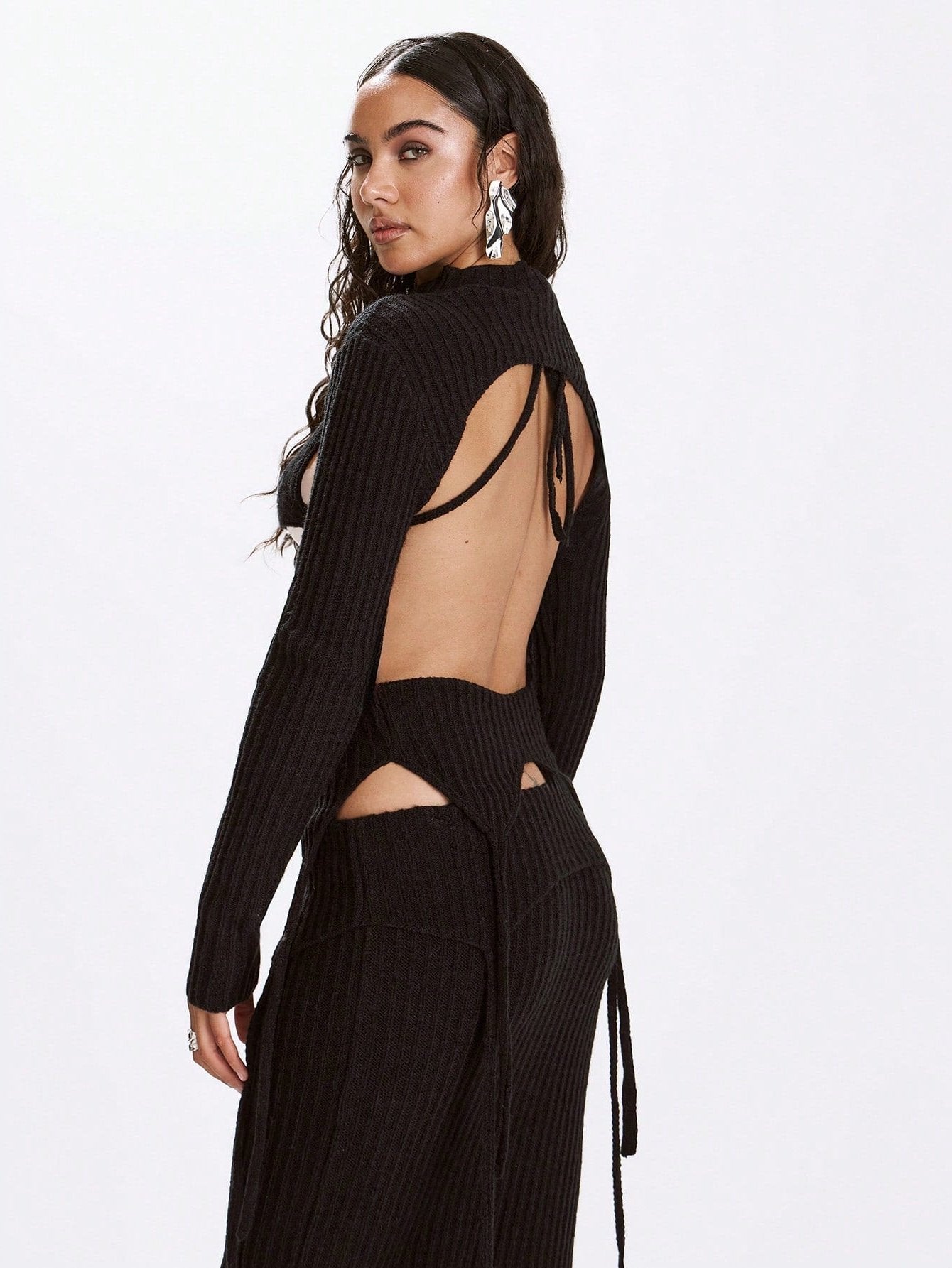 LLstyle Cut Out Knit Draped Long Sleeve Top