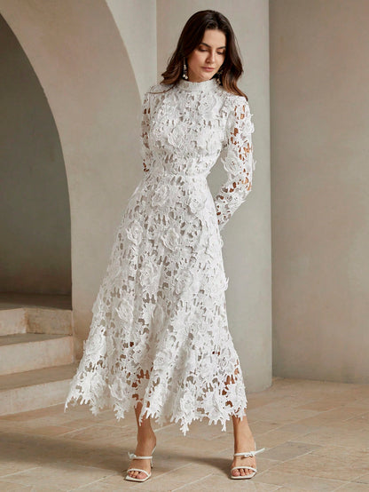 LLstyle Women White Long Sleeve Lace Hollow Out Dress