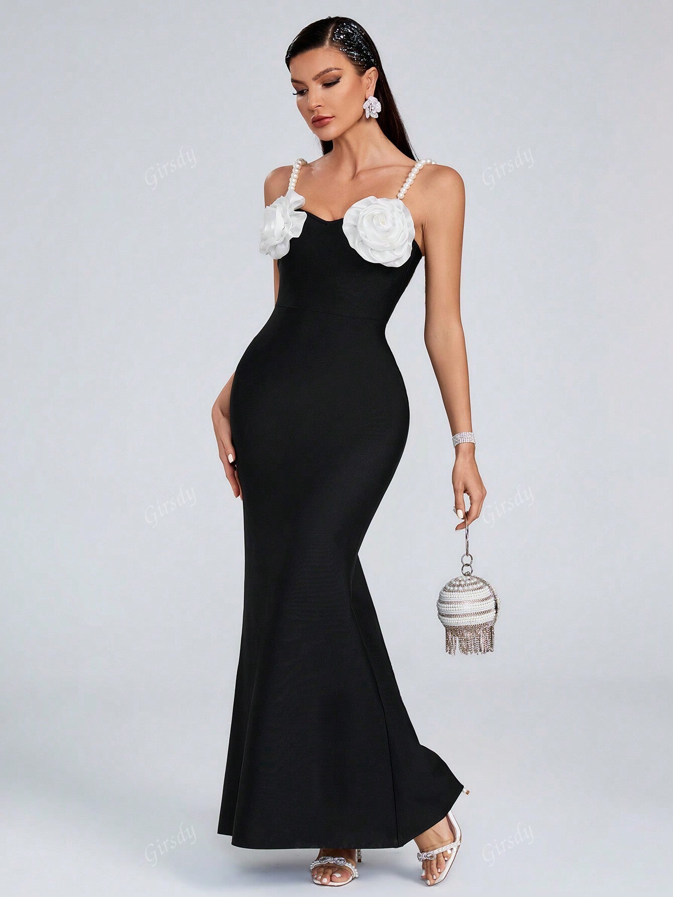 LLstyle Black Pearl Spaghetti Strap 3D Floral Decor Mermaid Formal Dress