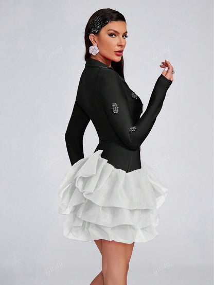 LLstyle V-Neck Long Sleeve Mesh Ruffle Mini Dress