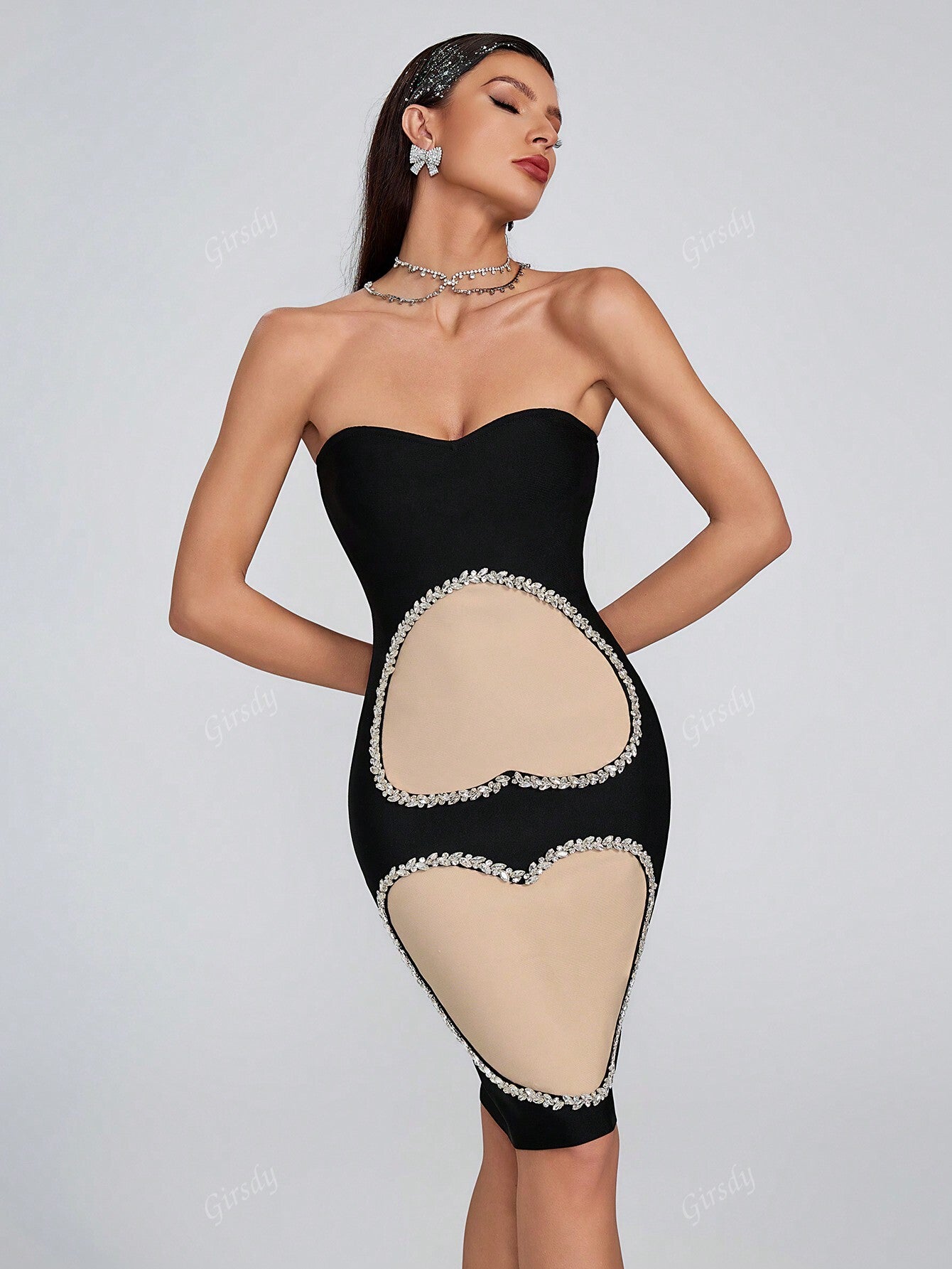 LLstyle Rhinestone Embellished Mesh Contrast Knee-Length Dress